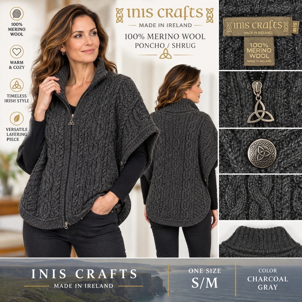 Inis Crafts Ireland Merino Wool Zip Poncho Batwing Cape Charcoal Gray S/M #1896